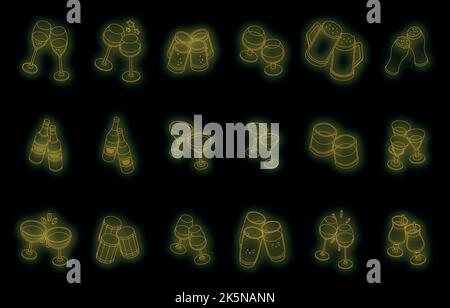 Cheers icons set. Isometric set of cheers vector icons neon color on black Stock Vector