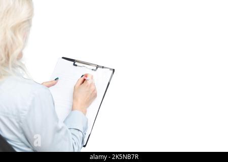 therapist taking notes on white background Stock Photo