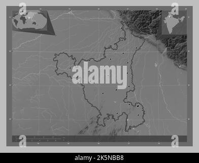 Haryana, state of India. Grayscale elevation map with lakes and rivers. Locations of major cities of the region. Corner auxiliary location maps Stock Photo