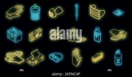 Medical gloves icons set. Isometric set of medical gloves vector icons neon color on black Stock Vector
