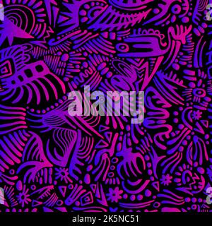 Vibrant psychedelic abstract seamless pattern bright neon gradient pink purple color, isolated on dark violet background. Stock Vector