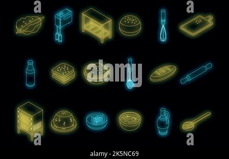 Dough icons set. Isometric set of dough vector icons neon color on black Stock Vector