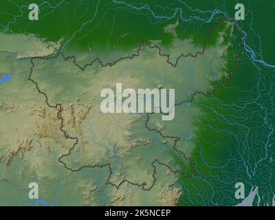 Jharkhand, state of India. Colored elevation map with lakes and rivers Stock Photo