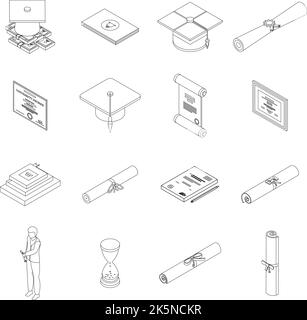Degree icons set. Isometric set of degree vector icons outline thin lne isolated on white Stock Vector