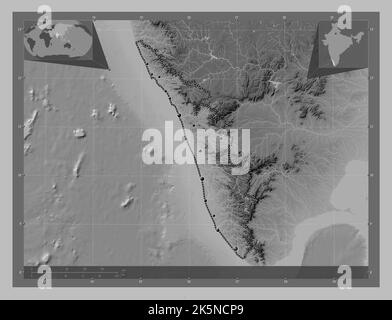 Kerala, state of India. Grayscale elevation map with lakes and rivers. Locations of major cities of the region. Corner auxiliary location maps Stock Photo