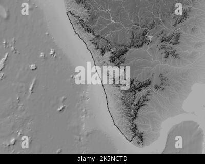 Kerala, state of India. Grayscale elevation map with lakes and rivers Stock Photo