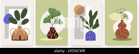 Vases posters templates. Abstract trendy geometric shapes, pots and plants. Contemporary covers with leaves in racy decorative vase, vector design Stock Vector