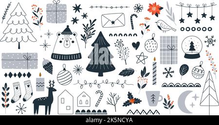 Xmas doodle ornamental winter elements. Foliage and garlands, christmas branches and foliage. Decorative racy gifts and fir tree vector collection Stock Vector