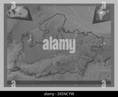 Madhya Pradesh, state of India. Grayscale elevation map with lakes and rivers. Corner auxiliary location maps Stock Photo