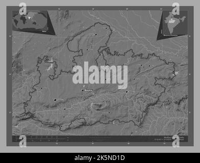 Madhya Pradesh, state of India. Bilevel elevation map with lakes and ...