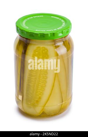 Sliced Pickles in Glass Jar Cut Out on White. Stock Photo