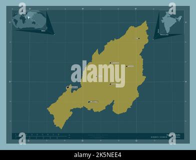 Nagaland, state of India. Solid color shape. Locations and names of major cities of the region. Corner auxiliary location maps Stock Photo