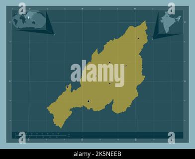 Nagaland, state of India. Solid color shape. Locations of major cities of the region. Corner auxiliary location maps Stock Photo