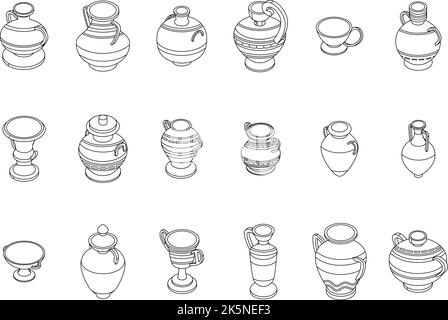 Amphora icons set. Isometric set of amphora vector icons outline thin lne isolated on white Stock Vector