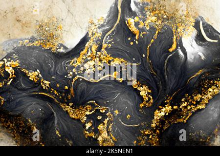 Spectacular realistic abstract backdrop of a whirlpool of black and gold. Digital art 3D illustration. Mable with liquid texture like turbulent waves Stock Photo