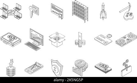 Cryptocurrency icons set. Isometric set of cryptocurrency vector icons outline thin lne isolated on white Stock Vector