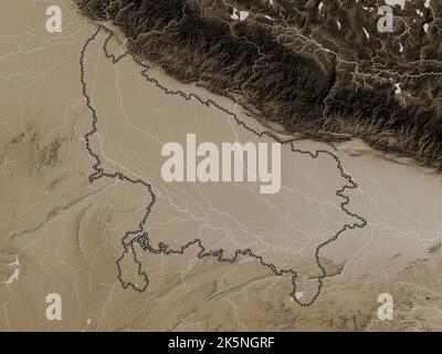 Uttar Pradesh, state of India. Elevation map colored in sepia tones with lakes and rivers Stock Photo