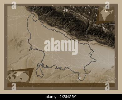 Uttar Pradesh, state of India. Elevation map colored in sepia tones with lakes and rivers. Corner auxiliary location maps Stock Photo