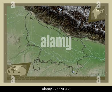 Uttar Pradesh, state of India. Elevation map colored in wiki style with lakes and rivers. Corner auxiliary location maps Stock Photo