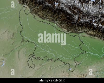 Uttar Pradesh, state of India. Elevation map colored in wiki style with lakes and rivers Stock Photo