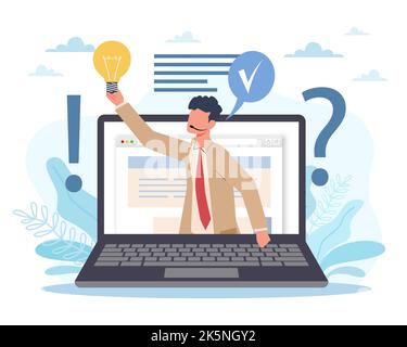 Technical support consultations, communication with customers. Laptop screen. Hotline operator, consultant and assistant, answers to questions. Vector Stock Vector