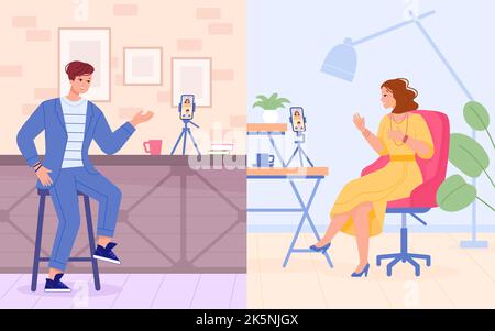 Blogger interview. Podcast video bloggers, social media live conversation, male and female speakers talking microphone on camera, radio host vlog studio, vector illustration of online interview media Stock Vector