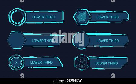 Sci fi lower third banners. Hud video screen bottom thirds banner, display callout effects news tv channel or futuristic game space, tech digital boxes garish vector illustration of hud box digital Stock Vector