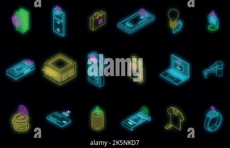Payment cancellation icons set. Isometric set of payment cancellation vector icons neon color on black Stock Vector