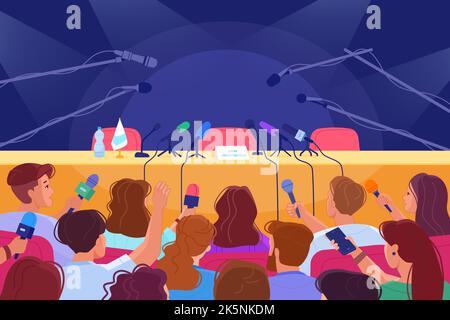 Press conference table. Crowd journalists with microphones in speech auditorium empty scene for news report interview politician forum or media person, vector illustration of conference microphone Stock Vector