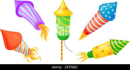 Cartoon fireworks rockets. Firework rocket christmas party pyrotechnics concept, explosion firecracker for 4th july festival petard with fuse xmas squib, neat vector illustration of rocket christmas Stock Vector