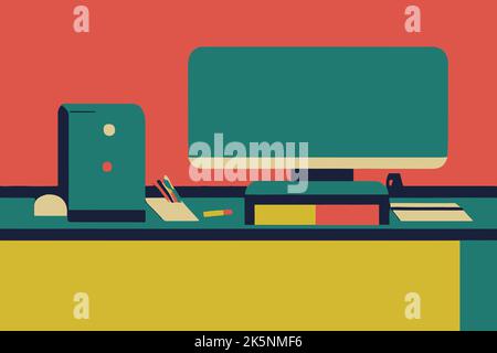 An office desk design on a dark pink background Stock Vector
