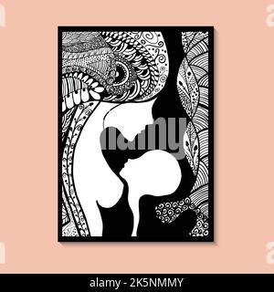 Hand-drawn mother and baby pattern with ethnic. Mandala design vector illustration. Black and white illustration on white background. Zen doodles. Stock Vector