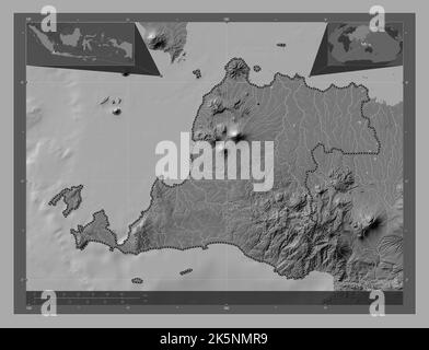 Banten, province of Indonesia. Bilevel elevation map with lakes and rivers. Corner auxiliary location maps Stock Photo