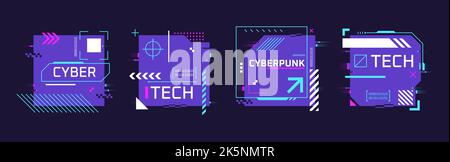 Glitch hud banners. Glitchy poster techno art cyberpunk concept, future place tech notes, contemporary print abstract text scifi geometric frame, glitch garish vector illustration of glitch futuristic Stock Vector