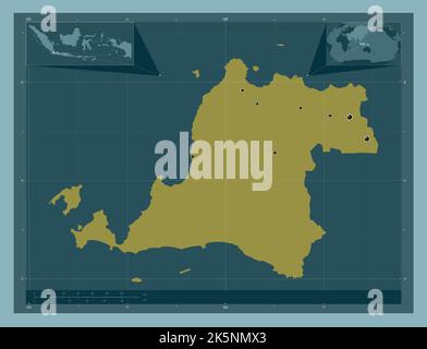 Banten, province of Indonesia. Solid color shape. Locations of major cities of the region. Corner auxiliary location maps Stock Photo