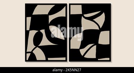 Abstract Mid Century Black Shapes. Minimalist wall art in siyah, bej colors. Simple line style. Black geometric shapes, circles Stock Vector