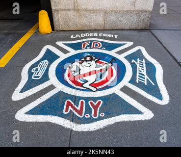 New York City, United States - September 18, 2022. Drawing on the pavement in front of the headquarters of the Ghostbusters Stock Photo