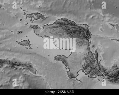 Irian Jaya Barat, province of Indonesia. Grayscale elevation map with lakes and rivers Stock Photo