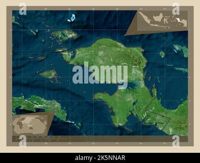 Irian Jaya Barat, province of Indonesia. High resolution satellite map. Corner auxiliary location maps Stock Photo