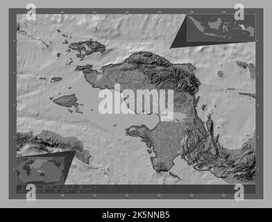 Irian Jaya Barat, province of Indonesia. Bilevel elevation map with lakes and rivers. Corner auxiliary location maps Stock Photo