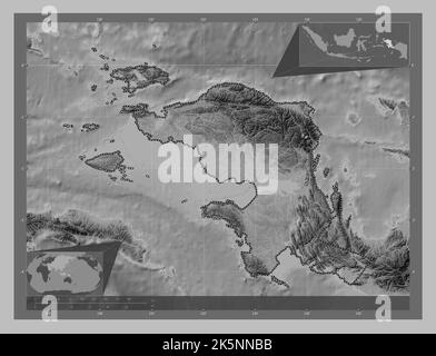 Irian Jaya Barat, province of Indonesia. Grayscale elevation map with lakes and rivers. Corner auxiliary location maps Stock Photo