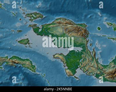 Irian Jaya Barat, province of Indonesia. Colored elevation map with lakes and rivers Stock Photo