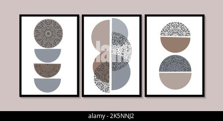 Abstract minimalist wall art in white, gray, cream, beige, blue colors. Simple line style. Soft color geometric shapes, circles. Modern creative Stock Vector