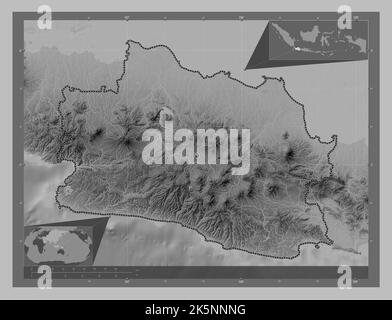 Jawa Barat, province of Indonesia. Grayscale elevation map with lakes