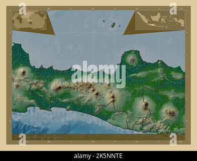 Jawa Tengah, city of Indonesia. Colored elevation map with lakes and rivers. Locations of major cities of the region. Corner auxiliary location maps Stock Photo