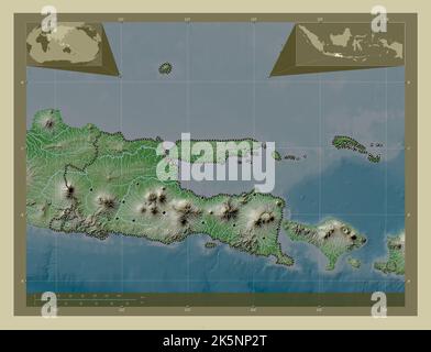 Jawa Timur, province of Indonesia. Colored elevation map with lakes and ...