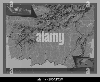 Kalimantan Tengah, province of Indonesia. Bilevel elevation map with lakes and rivers. Locations of major cities of the region. Corner auxiliary locat Stock Photo