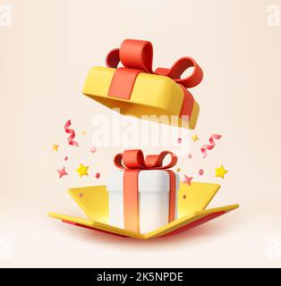 3d Cute Surprise Gift Box With Falling Confetti Stock Vector