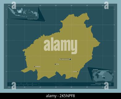 Kalimantan Tengah, province of Indonesia. Solid color shape. Locations and names of major cities of the region. Corner auxiliary location maps Stock Photo