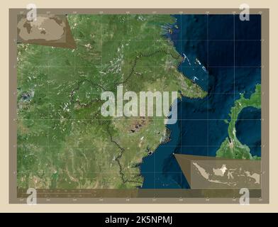 Kalimantan Timur, province of Indonesia. High resolution satellite map. Locations of major cities of the region. Corner auxiliary location maps Stock Photo